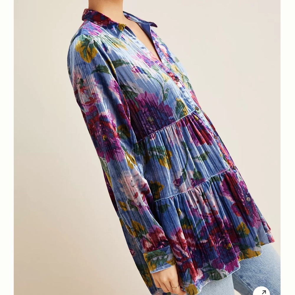 Anthropologie Maeve Velvet Blue Floral Button Down Shirt